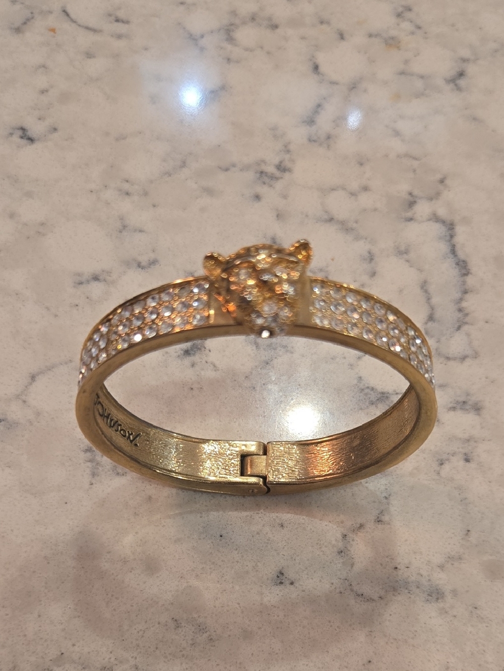 Vintage Betsey Johnson Gold Pave Crystal Leopard Hinged Bangle Bracelet
